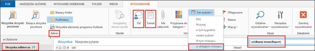 Przykład opcji narzędzi wyszukiwania