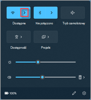 Gdzie znaleźć pozycję "Zarządzaj połączeniami Wi-Fi" w szybkich ustawieniach Windows 11.
