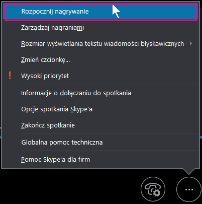 Podczas spotkania w programie Skypie dla firm kliknij pozycję Rozpocznij nagrywanie.