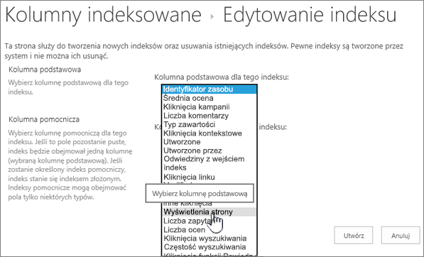 Edytowanie strony indeksu z kolumną wybraną z pola rozwijanego