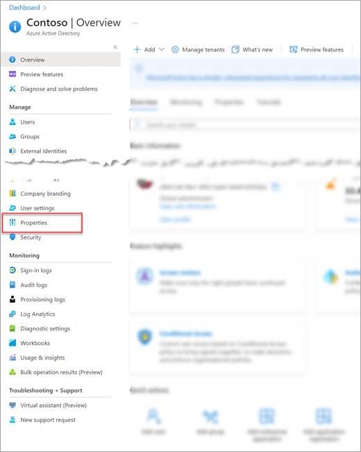 Element właściwości w centrum administracyjnym usługi Azure Active Directory (AAD).