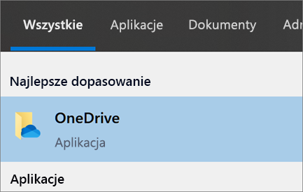 Zrzut ekranu przedstawiający wyszukiwanie aplikacji klasycznej OneDrive w Windows 10