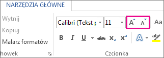 Pola Zwiększ rozmiar czcionki i Zmniejsz rozmiar czcionki na karcie Narzędzia główne