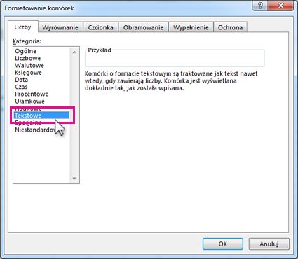 Zapisywanie jako Tekst w oknie dialogowym Formatowanie komórek