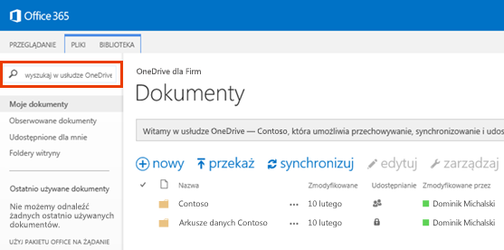 Zrzut ekranu przedstawiający pole zapytania usługi OneDrive w usłudze Office 365.