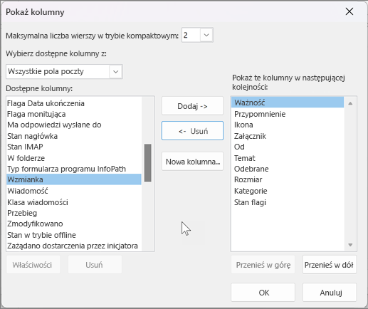 Wyświetl ustawienia kolumn w programie Outlook