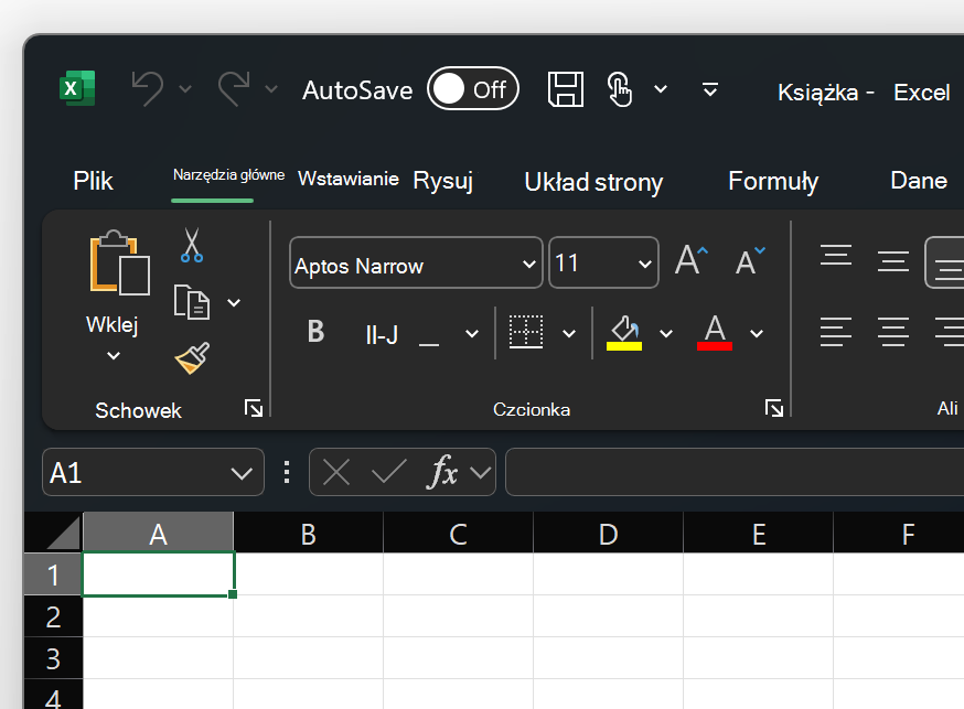 Zrzut ekranu przedstawiający lewy górny obszar motywu Excel w kolorze czarnym.