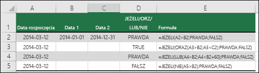 Przykłady użycia funkcji JEŻELI z funkcjami ORAZ, LUB i NIE do szacowania dat