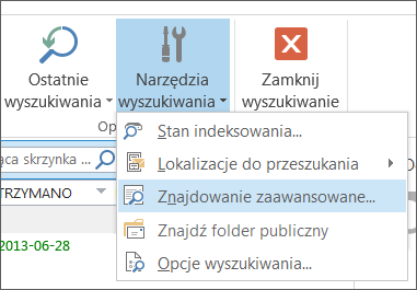 Pozycja Znajdowanie zaawansowane w menu Narzędzia wyszukiwania