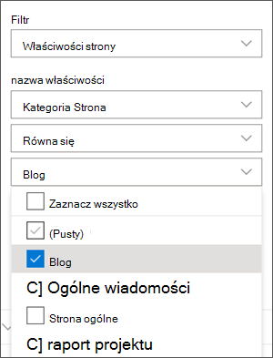 Filtr ustawiony na blogi w okienku Składników Web Part Wiadomości