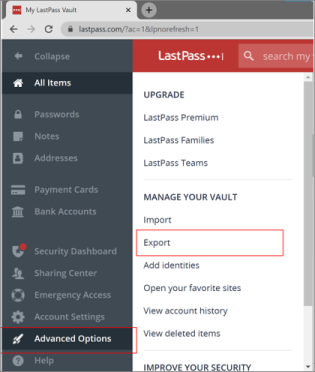 Desktop LastPass eksportowanie haseł locatio