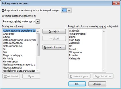 Okno dialogowe Pokazywanie kolumn
