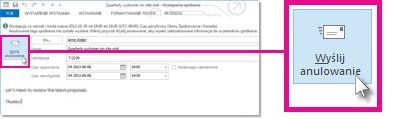 Przycisk Wyślij anulowanie w oknie spotkania