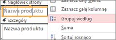 Wybieranie opcji Grupuj według w celu utworzenia raportu pogrupowanego