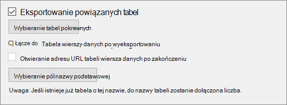 Pola wyboru dotyczące łączenia tabel i automatycznego zaznaczania powiązanych tabel