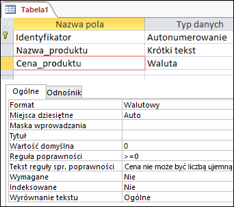 Reguła poprawności pola wyświetlana w Projektancie tabel programu Access