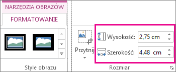 Pola Wysokość i Szerokość na karcie Narzędzia obrazów > Formatowanie