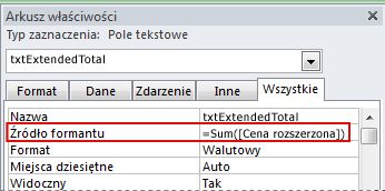 Wyrażenie we właściwości Źródło kontrolki pola tekstowego.