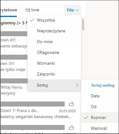 Zrzut ekranu przedstawiający menu Filtr z wybraną pozycją Sortuj według