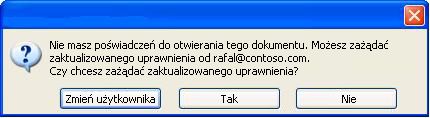 Okno dialogowe w programie Word z informacją, że dokument z ograniczonymi uprawnieniami został przesłany dalej do osoby nieupoważnionej