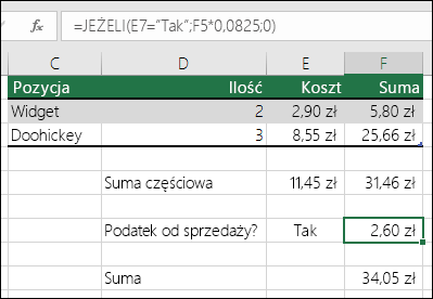 Formuła w komórce F7: JEŻELI(E7="Tak";F5*0,0825;0)