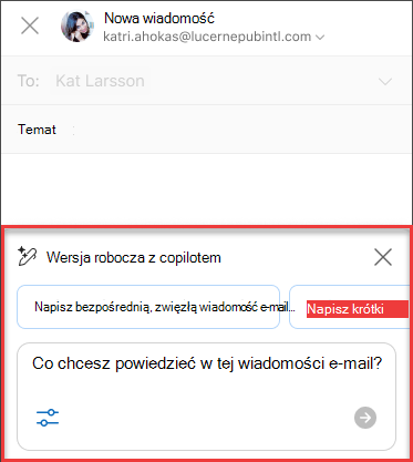 Tekst „Co chcesz powiedzieć w tej wiadomości e-mail” dla tworzenia wersji roboczej z funkcją Copilot w programie Outlook