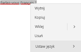 Zaznaczony tekst francuski przedstawiający menu kontekstowe ustawiania języka.