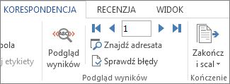 Zrzut ekranu przedstawiający kartę Korespondencja w programie Word oraz grupę Podgląd wyników.