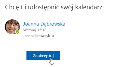 Zrzut ekranu przedstawiający przycisk Zaakceptuj w powiadomieniu e-mail o udostępnieniu kalendarza.