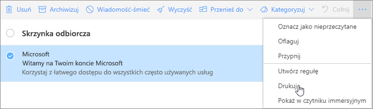 Zrzut ekranu przedstawiający opcję Drukuj wybraną dla wiadomości e-mail.