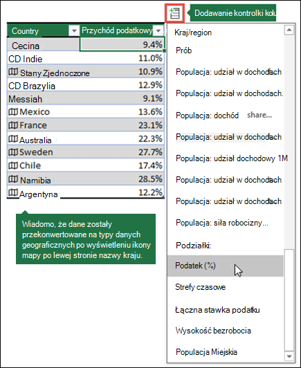 Dodaj kolumnę do typu danych geograficznych, wybierając właściwość za pomocą przycisku Dodaj kolumnę.