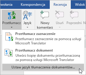 Polecenie Ustaw język tłumaczenia dokumentów w menu Tłumaczenie