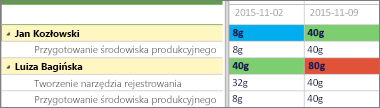 Dwa wiersze zasobów oznaczone kolorami mapy cieplnej