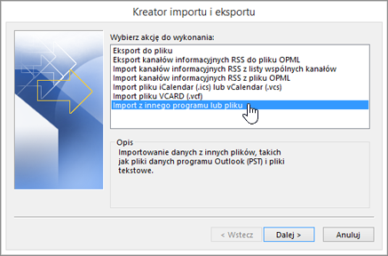 Kreator importu i eksportu — Import z innego programu lub pliku