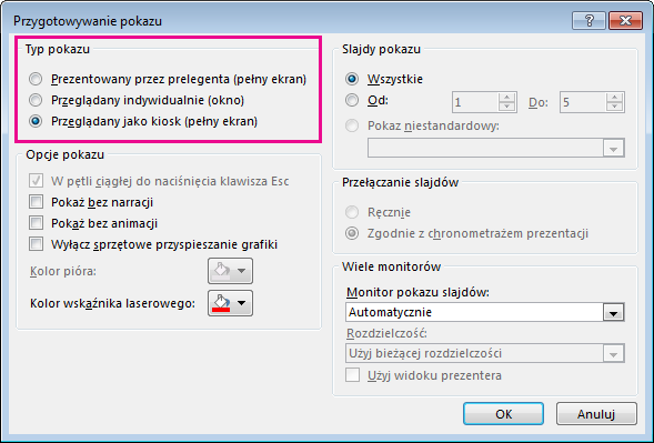 Okno dialogowe automatycznie działającej prezentacji programu PowerPoint