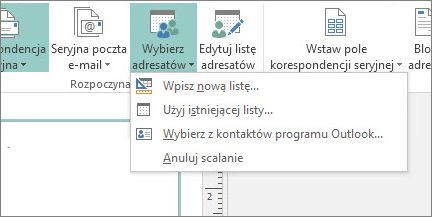 Opcje przycisku Wybierz adresatów na karcie Korespondencja