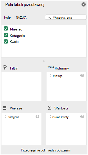 Przykład okna dialogowego z listą Pola tabeli przestawnej w programie Excel