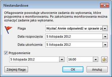 Okno dialogowe Niestandardowe do ustawiania przypomnień, dat rozpoczęcia i dat ukończenia