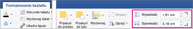 Pola Wysokość i Szerokość wyróżnione na karcie Formatowanie kształtu.