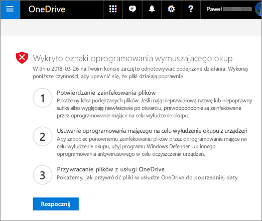 Zrzut ekranu przedstawiający znaki wykrytego oprogramowania wymuszającego okup w witrynie internetowej usługi OneDrive