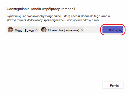 Teams — udostępnianie kanału określonym osobom