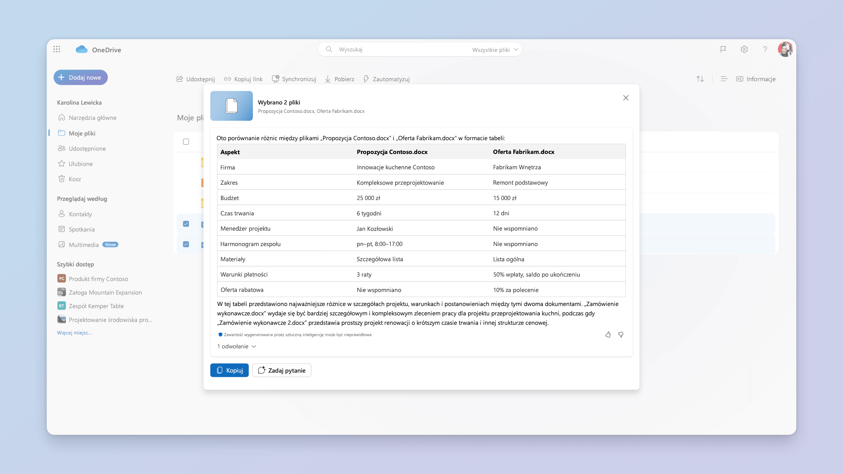 zrzut ekranu przedstawiający scenariusz porównywania plików dla funkcji Copilot w usłudze OneDrive
