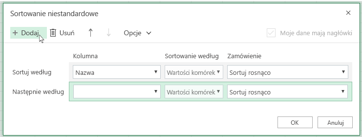 Po kliknięciu przycisku „Dodaj” na liście w pobliżu pozycji „Następnie według” wyświetlony zostanie kolejny poziom sortowania