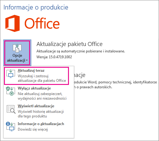 Ręczne wyszukiwanie aktualizacji pakietu Office w programie Word 2016