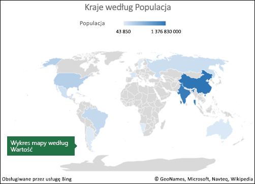 Wykres mapy w programie Excel z danymi wartości