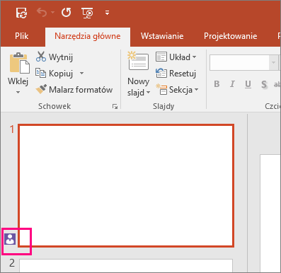 Przedstawia ikonę wskazującą, że inna osoba wspólnie pracuje nad slajdem w programie PowerPoint 2016