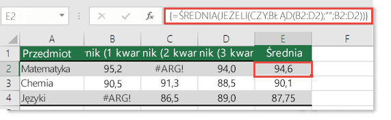 Funkcja tablicowa w funkcji ŚREDNIA w celu rozpoznania #VALUE! typu #ZAJĘTY!