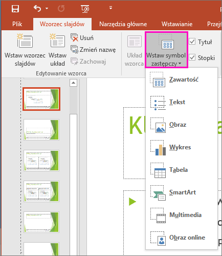 Przycisk Wstaw symbol zastępczy w widoku wzorca slajdów w programie PowerPoint