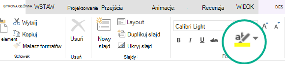 Przycisk Zakreślacz tekstu znajduje się na karcie Narzędzia główne na wstążce w aplikacji PowerPoint Online