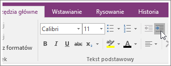 Zrzut ekranu przedstawiający przycisk Zwiększ wcięcie w programie OneNote 2016.